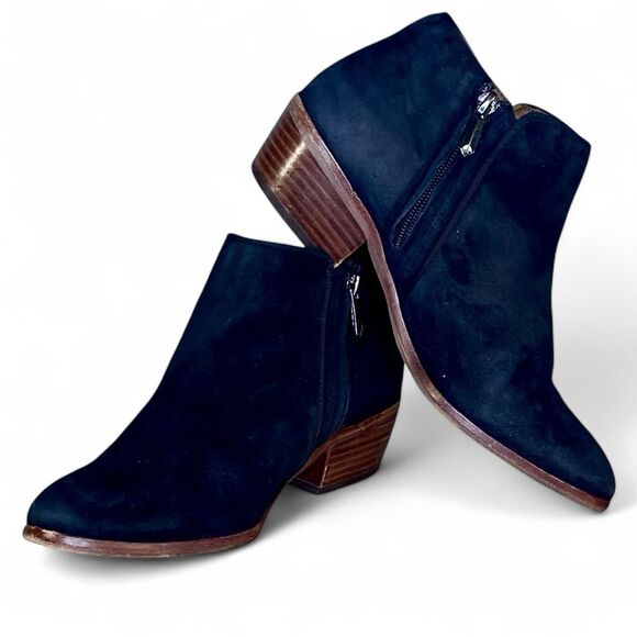 Sam Edelman Black Leather Suede Booties Womens Size 7.5 Side Zip Pointed Toe - Picture 2 of 8